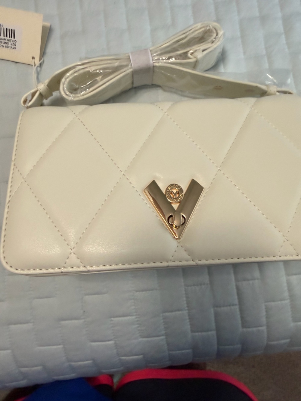 Valentino Orlandi White Quilted Crossbody with Gold V Accent